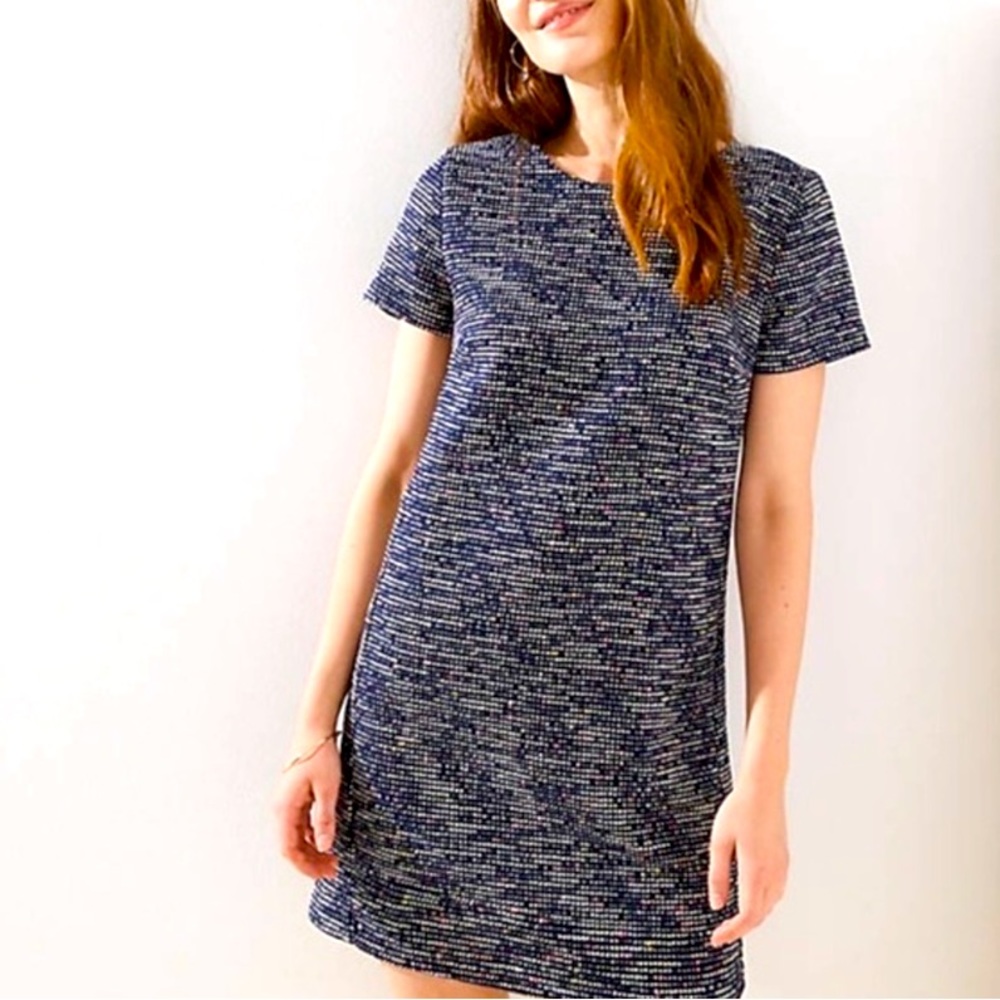Ann Taylor Loft Blue Rainbow Boucle Short Sleeve Shift Dress Soze 0P Work Casual